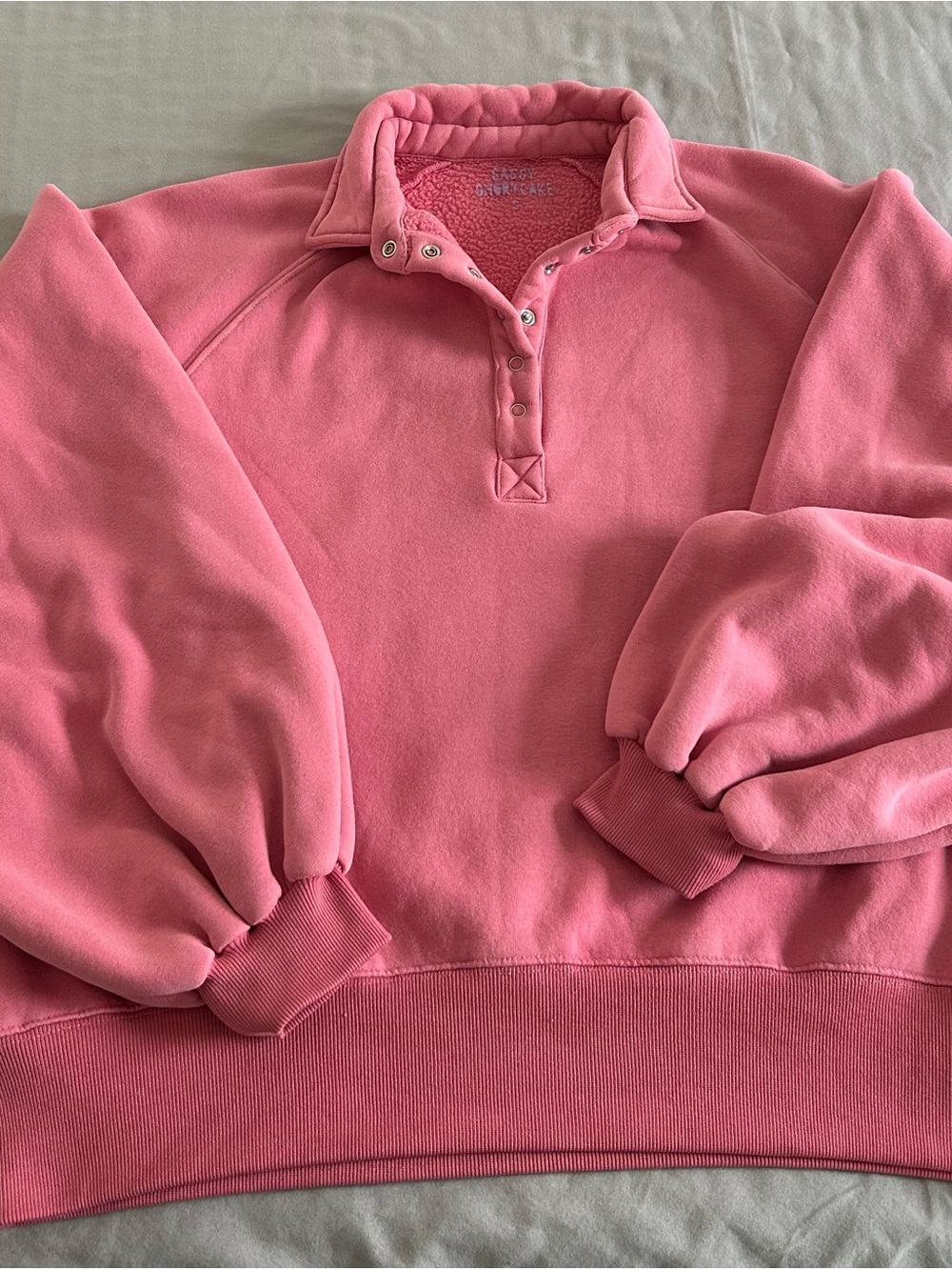 Preppy Women's Bubblegum Pink Collared Fleece Sweatshirt Ballon Sleeves Size S